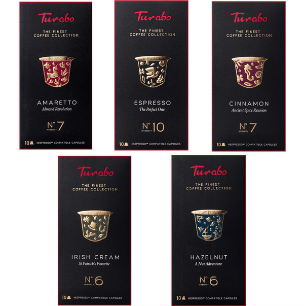 Set TURABO FAMILY - capsule cafea compatibile Nespresso, 5 sortimente, 50 capsule - Espresso, Scortisoara, Irish Cream, Amaretto, Alune de padure
