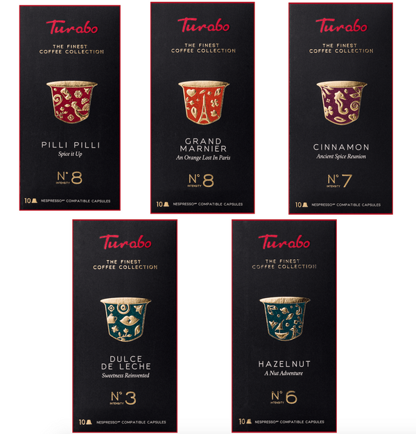 SET TURABO EXOTIC -capsule cafea compatibile Nespresso, 5 sortimente, 50 capsule - Scortisoara, Dulce de Leche, Gran Marnier, Pilli Pilli iute, Alune de padure
