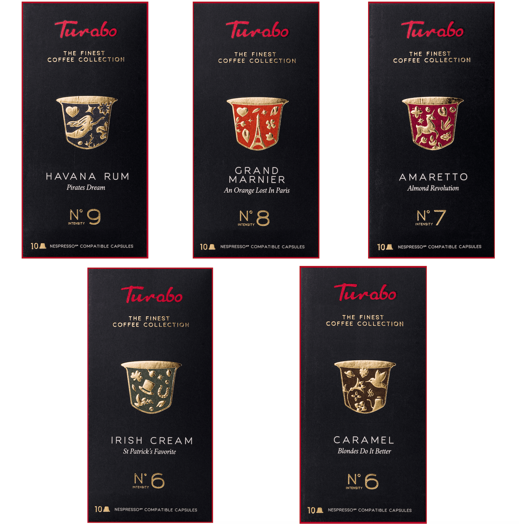Set TURABO PARTY - capsule cafea compatibile Nespresso, 5 sortimente, 50 capsule- Rom Havana, Amaretto, Irish Cream, Gran Marnier, Caramel