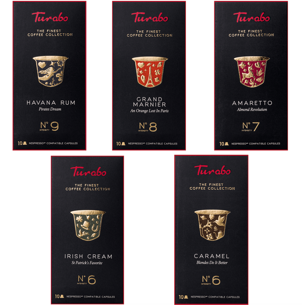 Set TURABO PARTY - capsule cafea compatibile Nespresso, 5 sortimente, 50 capsule- Rom Havana, Amaretto, Irish Cream, Gran Marnier, Caramel