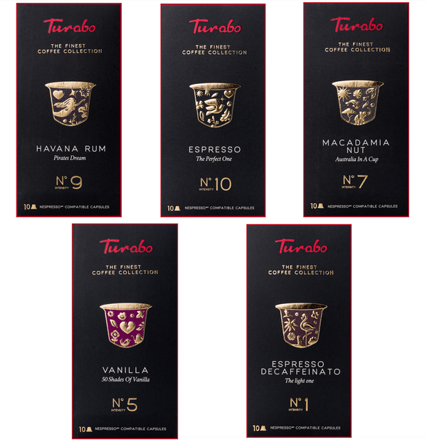 Set TURABO CLASIC - capsule cafea compatibile Nespresso, 5 sortimente, 50 capsule, Espresso, Decafeinato, Vanila, Havana Rum, Macadamia Nut